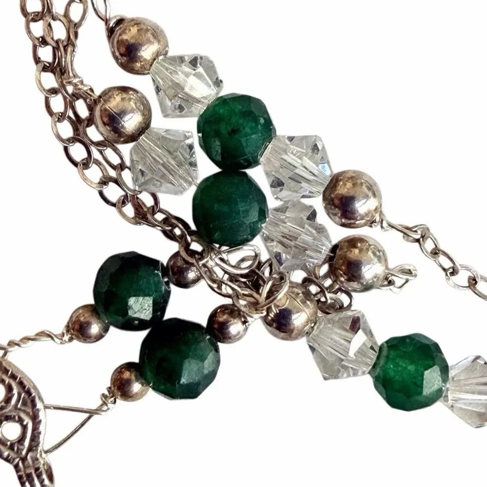 Vintage Sterling Silver Green Stone & Crystal Necklace Emerald Tone Beaded Neck
